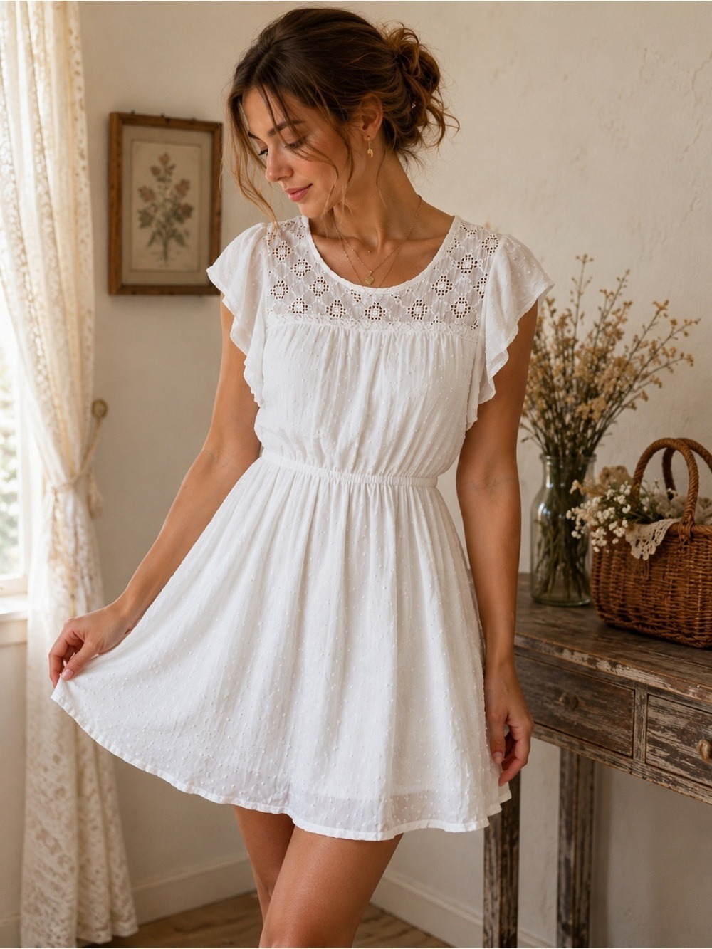 Aeropostale White Swiss Dot Eyelet Dress Women’s Large Fairycore Prairie Boho
